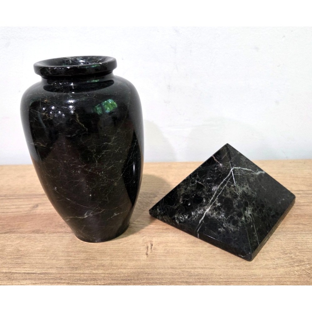 Vintage Black Polished Marble Set Stone Vase + Pyramid Pakistan 6''